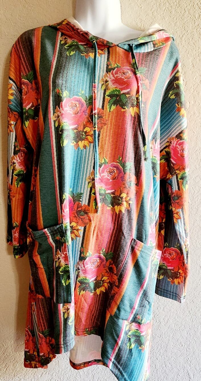 Crazy Train Multi Color Floral Hooded Top Large Lightweight Pockets NWTS